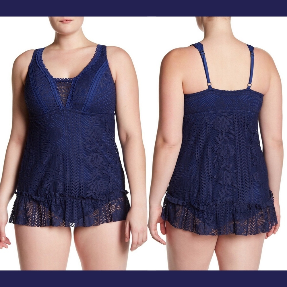 NEW $140 Becca Rose Lace Skirted‎ One-Piece Swimsuit Blue [PLUS SZ 0X 14/16]